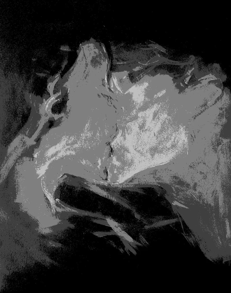 Same painting collapsed to five values, green and orange as one shape
